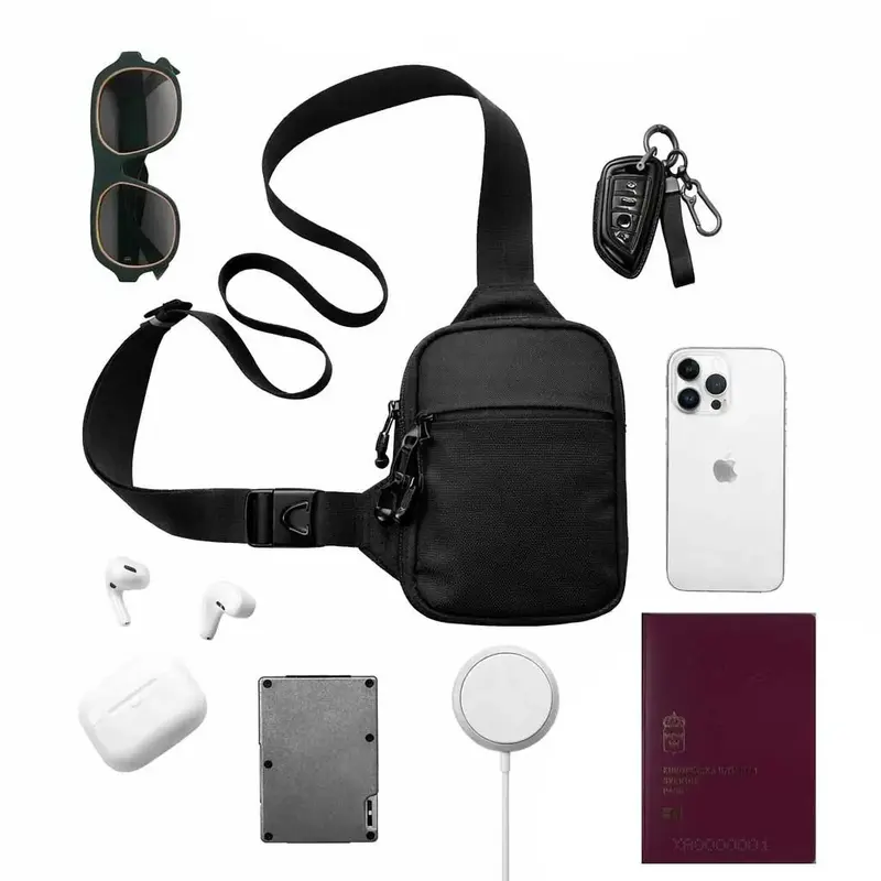 Everything the bag carries: sunglasses, keys, phone, earbuds, wallet and passport
